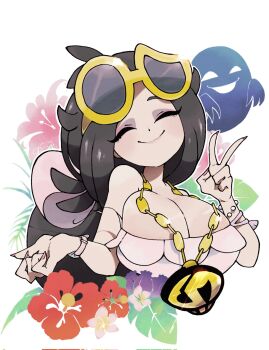 1girl ^_^ bare_shoulders black_hair bon-bon_(bonnibelboo) bonnibelboo borrowed_accessory bracelet breasts cleavage closed_eyes evil_smile eyeshadow eyewear_on_head facing_viewer fingernails flower ghost gold_necklace hands_up hibiscus highres huge_breasts jewelry lipstick long_eyelashes long_fingernails low_ponytail makeup nail_polish necklace nintendo official_style original pearl_bracelet pink_lips pink_nails pokemon pokemon_(creature) pokemon_tower_ghost ponytail red_flower sharp_fingernails skull_necklace smile strapless sugimori_ken_(style) sunglasses team_skull upper_body v watch wristwatch yellow-framed_eyewear