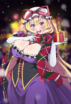 1girl absurdres blonde_hair blurry blurry_background blush breasts christmas_present cleavage commentary_request corset dress elbow_gloves frills gift gloves hair_between_eyes hat highres holding holding_gift kyoukyan large_breasts long_hair mob_cap parted_lips purple_dress purple_eyes red_scarf scarf short_sleeves smile snowing solo steam teeth touhou upper_teeth_only very_long_hair white_gloves yakumo_yukari