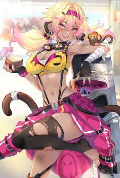 1girl ahoge animal animal_ears bandaged_arm bandages bandana belt blonde_hair breasts coconut dark-skinned_female dark_skin ear_piercing fangs feet fingerless_gloves gloves goggles goggles_around_neck highres koko_d._nuts large_breasts monkey multicolored_hair nails navel piercing pink_eyes pink_hair skirt smile srinitybeast suspenders tail toeless_legwear torn_clothes torn_legwear twintails two-tone_hair virtual_youtuber