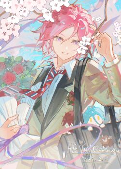 4boys absurdres amagi_rinne bag blazer character_doll cherry_blossoms collared_shirt commentary_request doll ensemble_stars! flower hair_between_eyes hand_up happy_birthday highres himeru_(ensemble_stars!) holding holding_paper holding_scroll jacket lapels long_sleeves looking_at_viewer male_focus medium_hair mikejima_madara multiple_boys necktie notched_lapels oukawa_kohaku paper pink_hair purple_eyes reimei_school_uniform rose school_bag school_uniform scroll shirt shoulder_bag smile solo_focus striped_necktie upper_body viosuya white_shirt yellow_jacket