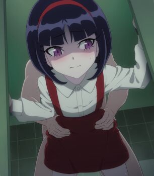 1boy 1girl animated animated_gif black_hair blouse blunt_bangs blush closed_mouth clothed_female_nude_male clothed_sex flat_chest gegege_no_kitarou hanako-san_(gegege_no_kitarou_6) hetero implied_sex indoors japanese_urban_legends loli long_sleeves looking_away mushiro_(nijie728995) nude purple_eyes pussy_juice sex sex_from_behind shaded_face shirt skirt solo_focus standing suspenders sweat tile_wall tiles toilet_stall toire_no_hanako-san white_shirt white_sleeves