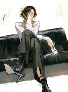 Rule 34 | 1boy, aged up, alternate costume, black hair, black pants, blonde hair, collared shirt, couch, crossed legs, haikyuu!!, high heels, highres, huangdanlan, kozume kenma, long hair, male focus, multicolored hair, on couch, pants, roots (hair), shirt, shoe soles, simple background, sitting, slit pupils, solo, two-tone hair, white background, white shirt, yellow eyes