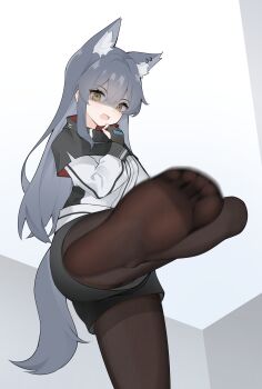1girl absurdres animal_ears arknights black_gloves black_hair black_pantyhose black_shorts commentary_request feet fingerless_gloves foot_focus gloves highres jacket long_hair long_sleeves looking_at_viewer motion_blur open_mouth pantyhose shaded_face shorts simple_background soles solo tail texas_(arknights) toes white_background white_jacket wl217_(nicexa111) wolf_ears wolf_girl wolf_tail yellow_eyes