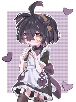 1boy absurdres ahoge apron black_garter_straps black_hair black_thighhighs blush crossdressing crossdressing_(mtf) crossed_bangs dress four-finger_heart_hands frilled_skirt frills garter_straps hairband headband heart heart_hands highres huge_ahoge kieran_(pokemon) looking_at_viewer maid maid_apron mole mole_on_neck multicolored_hair nintendo pokemon pokemon_sv purple_background purple_hair r127125 short_sleeves skirt solo thighhighs two-tone_hair white_apron yellow_eyes yellow_hairband