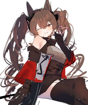 Rule 34 | 1girl, absurdres, angelina (arknights), animal ears, arknights, arknights: endfield, bare shoulders, black thighhighs, brown hair, coat, commentary, dress, fox ears, fox girl, gilberta (arknights), grey dress, grin, hair between eyes, headpiece, high collar, highres, invisible chair, katata, long hair, long sleeves, off shoulder, one eye closed, orange eyes, red coat, short dress, simple background, sitting, smile, solo, staff, thighhighs, twintails, very long hair, white background, zettai ryouiki