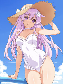1girl against_railing arm_up armpits blue_sky bow breasts brown_hat casual_one-piece_swimsuit choker choujigen_game_neptune cleavage closed_mouth collarbone contrail covered_navel cowboy_shot d-pad d-pad_hair_ornament day frilled_one-piece_swimsuit frills hair_ornament hat hat_bow highres long_hair looking_at_viewer medium_breasts nepgear neptune_(series) one-piece_swimsuit outdoors pink_eyes pink_hair railing sky smile solo straw_hat swimsuit very_long_hair white_bow white_choker white_one-piece_swimsuit zatsu