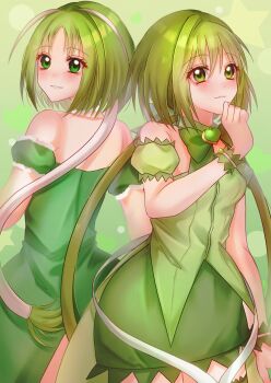 2girls bare_shoulders blush bow breasts closed_mouth dress green_bow green_dress green_eyes green_hair green_wrist_cuffs highres long_hair looking_at_viewer looking_back medium_breasts mew_lettuce midorikawa_lettuce multiple_girls parted_lips smile strapless strapless_dress tokyo_mew_mew tokyo_mew_mew_new twintails very_long_hair wrist_cuffs yanluicarolchi1