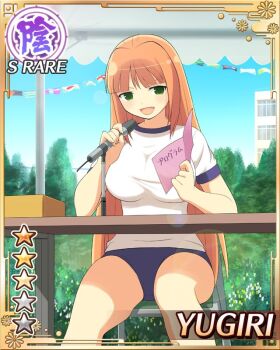 1girl :d blue_buruma border breasts buruma card_(medium) day english_text game_cg green_eyes gym_shirt hime_cut holding holding_microphone large_breasts looking_at_viewer microphone non-web_source official_alternate_costume official_art open_mouth orange_hair outdoors reading senran_kagura senran_kagura_new_wave shirt sitting smile solo sports_festival spread_legs table white_shirt yugiri_(senran_kagura)