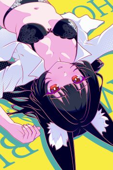 1girl absurdres animal_ear_fluff animal_ears black_bra black_hair black_panties bra breasts bright_pupils commentary finn_flint fox_ears highres hoshimi_miyabi long_hair looking_at_viewer lying navel on_back open_clothes open_shirt panties parted_lips red_eyes shirt small_breasts smile text_background underwear upper_body upside-down very_long_hair white_shirt yellow_background zenless_zone_zero