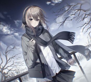 1girl absurdres against_railing ayamekiki bag black_bag black_scarf black_skirt breath cigarette expressionless fringe_trim grey_eyes grey_hair grey_jacket hand_up handbag headphones highres holding holding_bag holding_cigarette jacket koisuru_kiseichuu looking_at_viewer medium_hair open_clothes open_jacket pleated_skirt railing sanagi_hijiri scarf school_uniform shirt signature skirt smoke smoke_trail snow solo standing white_shirt winter winter_uniform