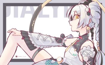 1girl absurdres ahoge bare_shoulders black_hair border braid braided_twintails chakram character_name china_dress chinese_clothes detached_sleeves dialyn_(zenless_zone_zero) dress earrings from_side grey_border hair_extensions hair_ornament hairclip hand_on_own_knee hashtag-only_commentary highres id_card jewelry knee_up long_hair looking_at_viewer m3ar1_coconut multicolored_hair necktie open_mouth ring_hair_extensions solo sparkling_eyes split-color_hair thighhighs twitter_logo twitter_username weapon white_background white_hair white_thighhighs wire yellow_eyes yellow_necktie zenless_zone_zero