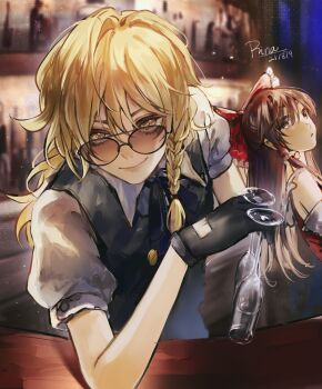 absurdres aihara-rina bar_(place) bare_shoulders bartender black_gloves black_vest blonde_hair blush braid brown_eyes brown_hair chinese_commentary collared_shirt commentary_request cup detached_sleeves drinking_glass eyelashes gloves hakurei_reimu highres kirisame_marisa lips looking_at_viewer looking_back multiple_girls no_headwear puffy_short_sleeves puffy_sleeves shirt short_sleeves sidelocks single_braid sitting smile sparkle standing sunglasses table touhou vest white_shirt wine_glass wing_collar yellow_eyes