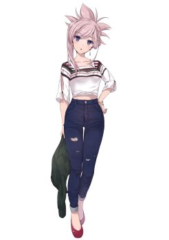 1girl :o absurdres asymmetrical_hair blouse blue_eyes blue_pants bracelet collarbone contemporary denim earrings fate/grand_order fate_(series) female_focus full_body green_jacket hair_between_eyes hand_on_own_hip hane_yuki head_tilt high_heels highres holding holding_jacket holding_unworn_clothes jacket jewelry long_hair looking_at_viewer midriff miyamoto_musashi_(fate) pants pink_hair print_shirt pump pumps red_footwear shirt short_sleeves simple_background solo standing stomach torn_clothes torn_pants unworn_jacket white_background white_shirt