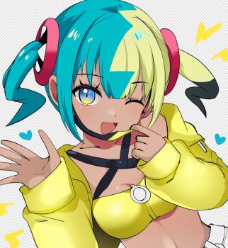 1girl aqua_hair black_mask blonde_hair blue_eyes breasts canari_(pokemon) center-flap_bangs criss-cross_halter criss-cross_straps dark-skinned_female dark_skin dodotsuki halterneck happy heart highres jacket looking_at_viewer mask mask_pull midriff mouth_mask multicolored_hair navel nintendo open_mouth pants pokemon pokemon_legends:_z-a short_twintails smile solo split-color_hair sports_bra twintails two-tone_hair two-tone_mask two-tone_pants waving yellow_jacket yellow_mask yellow_sports_bra zipper