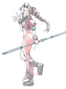 1girl aerith_gainsborough artist_name boots braid braided_ponytail breasts brown_boots brown_hair center_opening choker cropped_jacket dress final_fantasy final_fantasy_vii full_body green_eyes hair_ribbon holding holding_staff jacket long_dress long_hair looking_at_viewer medium_breasts michibata_65 one_eye_closed open_mouth parted_bangs pink_dress pink_ribbon puffy_short_sleeves puffy_sleeves red_jacket ribbon ribbon_choker short_sleeves sidelocks signature silver_bangle single_braid smile solo staff waving white_background