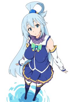 Rule 34 | a-pose, aqua (konosuba), bare shoulders, blue hair, blue shirt, blue skirt, bluearcadegames, boots, bow, bowtie, breasts, choppy bangs, collar, dated, detached sleeves, expressionless, frilled collar, frilled skirt, frills, from above, green bow, green bowtie, hair ornament, hair rings, highres, impossible clothes, kono subarashii sekai ni shukufuku wo!, long hair, looking at viewer, medium breasts, pleated skirt, ripples, sagging breasts, sailor collar, shirt, signature, simple background, single hair ring, skirt, sleeveless, sphere hair ornament, thigh boots, watermark, white background, white trim, yellow trim