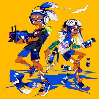 1boy 1girl black_shirt blue_hair colored_inner_hair creature dark-skinned_male dark_skin edarow goggles goggles_on_head gun headphones high_ponytail holding holding_gun holding_weapon inkling_(swim_form) inkling_boy inkling_girl inkling_player_character long_hair looking_at_viewer multicolored_hair nintendo pink_eyes ponytail shirt shoes short_hair shorts sneakers splatoon_(series) squid weapon weapon_request white_hair white_shirt yellow_background