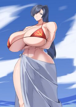 1girl abs arms_under_breasts athletic bikini bikini_top_only black_hair blue_eyes blue_sky breasts cloud cloudy_sky crossed_arms female_focus highres huge_breasts long_hair muscular muscular_female muscular_legs ocean ocean_background original ponytail sarong skimpy_outfit sky soviet soviet_flag_print standing standing_in_water standing_position swimsuit thick_thighs thighs toned toned_female towel towel_around_waist valentina_(nuclear-il2) wide_hips