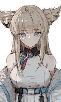 1girl arknights arknights:_endfield bare_shoulders belt blonde_hair blue_eyes blush breasts commentary english_commentary feather_hair highres jacket large_breasts long_hair off_shoulder opuricheri perlica_(arknights) quilted_jacket shirt sidelocks simple_background sleeveless sleeveless_shirt solo straight-on unfinished upper_body white_background white_jacket white_shirt