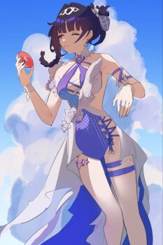 1girl bare_shoulders blue_one-piece_swimsuit blue_sky breasts cloud donut food hashtag-only_commentary highres holding holding_donut holding_food honkai_(series) honkai_impact_3rd large_breasts medium_hair official_alternate_costume one-piece_swimsuit outdoors purple_eyes purple_hair raiden_mei raiden_mei_(crooning_tides) raiden_mei_(herrscher_of_origin) sehelnn sky solo swimsuit thigh_strap