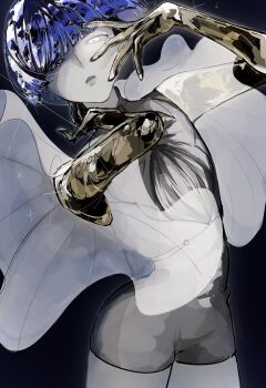 blue_eyes blue_hair glowing glowing_eye goan_pizya golden_arms hashtag-only_commentary heterochromia highres houseki_no_kuni moon_uniform_(houseki_no_kuni) phosphophyllite_(ll) shorts sleeveless white_eyes