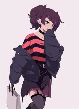 Rule 34 | 1girl, bag, belt, black belt, black choker, black hair, black jacket, blush, choker, commentary request, diagonal bangs, earrings, garter straps, grey background, idolmaster, idolmaster shiny colors, jacket, jewelry, long sleeves, multicolored hair, off shoulder, open clothes, purple hair, red shirt, shirt, shopping bag, simple background, skirt, sleeves past fingers, sleeves past wrists, smile, sohin, solo, spiked choker, spikes, striped clothes, striped shirt, tanaka mamimi, thighhighs, twintails