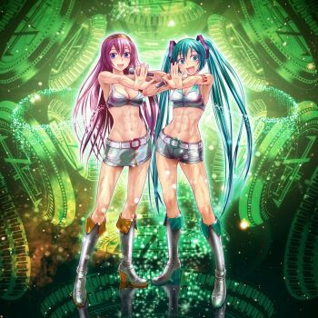 2girls abs anonymous_artist aqua_eyes aqua_hair bare_shoulders belt blue_eyes blush boots breasts cleavage cosplay dirty_pair hair_ornament hairband hatsune_miku high_heel_boots high_heels highres knee_boots long_hair megurine_luka microphone midriff miniskirt multiple_girls muscular music navel open_mouth palms pink_hair short_shorts shorts singing skirt smile third-party_edit toned twintails very_long_hair vocaloid wokada