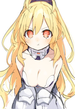 1girl absurdres bare_shoulders blonde_hair blush breasts buran_buta cleavage collar elbow_gloves gloves highres kami_jigen_game_neptune_v large_breasts leotard long_hair neptune_(series) orange_eyes pout power_symbol power_symbol-shaped_pupils sketch solo symbol-shaped_pupils thighhighs yellow_heart_(neptunia)