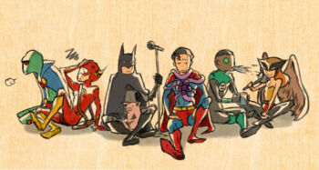 2girls 5boys alien amazon_warrior bag batman black_hair bruce_wayne cape chibi clark_kent colored_skin dark_skin dc_comics dcau glass green_lantern green_skin hawkgirl john_stewart justice_league kashi-wa kryptonian martian martian_manhunter mask microphone multiple_boys multiple_girls orange_hair pig plant red_footwear shoes superman tentacles tentacles_on_male the_flash transformation wally_west wings
