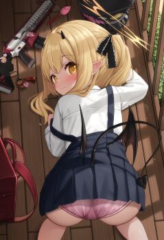 1girl absurdres ass blonde_hair blue_archive blush comodox crime_prevention_buzzer demon_tail demon_wings halo highres horns ibuki_(blue_archive) large_variant_set loli looking_at_viewer paid_reward_available panties pointy_ears shirt solo tail underwear variant_set weapon white_shirt wings wooden_floor yellow_eyes