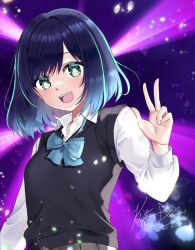 Rule 34 | 1girl, :d, black sweater vest, blue bow, blue bowtie, blue hair, bow, bowtie, commentary, dated, english commentary, green eyes, grey skirt, highres, kristen mcguire (artist), kurokawa akane, medium hair, open mouth, oshi no ko, shirt, signature, skirt, smile, solo, star-shaped pupils, star (symbol), sweater vest, symbol-shaped pupils, w, white shirt