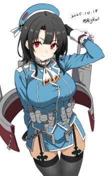 1girl absurdres adapted_turret ascot beret bigkwl black_gloves black_hair black_thighhighs blue_jacket blue_skirt blush breasts cannon cowboy_shot dated garter_straps gloves hat highres jacket kantai_collection large_breasts looking_at_viewer machinery military military_uniform one-hour_drawing_challenge red_eyes rigging ship_turret shirt short_hair skirt smile smokestack solo takao_(kancolle) thighhighs twitter_username white_background white_shirt