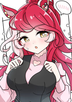 1girl absurdres animal_ears arnolddayo blush breasts commentary_request hair_between_eyes hair_ornament highres horse_girl long_hair looking_at_viewer loves_only_you_(umamusume) medium_breasts mole mole_under_eye open_mouth portrait red_hair simple_background sweatdrop umamusume white_background yellow_eyes