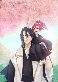 1boy 1girl abarai_ichika absurdres artist_name black_hair black_kimono bleach bleach:_epilogue carrying cherry_blossoms child bad_tag family_bonding flower hair_between_eyes hair_flower hair_ornament happy highres japanese_clothes kimono kuchiki_byakuya long_hair long_sleeves miharu_sokushi open_mouth purple_eyes red_hair ribbon shihakusho shoulder_carry smile teeth upper_teeth_only white_ribbon