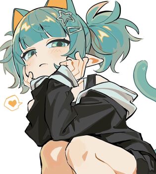 1girl animal_ear_fluff animal_ears bad_id bad_twitter_id black_jacket blue_eyes blue_hair blunt_bangs cat_ears cat_girl cat_tail closed_mouth frown hair_ornament hairclip hands_on_own_cheeks hands_on_own_face hands_up heart highres hood hood_down jacket long_hair long_sleeves looking_at_viewer off_shoulder original pointy_ears simple_background sleeves_past_wrists solo spoken_heart star_(symbol) star_hair_ornament tail twintails umipi white_background
