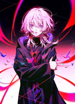 1girl 9lana absurdres black_cloak black_coat blue_eyes braid bug butterfly cloak coat cowboy_shot doll_joints earrings floating_earrings hair_between_eyes hand_on_own_arm high_contrast highres indie_utaite insect jewelry joints laser long_sleeves looking_at_viewer medium_hair mole mole_under_eye paint_splatter parted_lips pink_hair purple_cloak self_hug single_braid solo standing two-sided_cloak two-sided_fabric upper_body urkt_10 white_hair wind