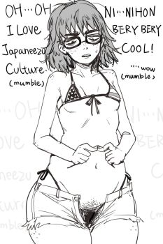 1girl american_flag american_flag_bikini american_flag_print bikini body_freckles borrowed_character breasts english_text female_pubic_hair flag_print flag_print_bikini freckles glasses greyscale grunt_frostwolf highres jimiko medium_hair messy_hair monochrome navel neet_girl_(baalbuddy) original print_bikini pubic_hair shoulder_freckles simple_background small_breasts swimsuit thick_eyebrows white_background