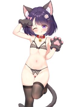1girl :q absurdres animal_ear_fluff animal_ears animal_hands arm_up armpits azur_lane bdsm black_bra black_hair black_panties black_thighhighs blush bra breasts bush_(azur_lane) cat_ears cat_girl cat_tail collar crotchless crotchless_panties gloves groin hair_ornament hairclip highres leg_up loli navel no_pants one_eye_closed panties paw_gloves pet_play pink_eyes pussy qian_hen short_hair slave small_breasts smile solo standing standing_on_one_leg stomach tail thigh_gap thighhighs thighs tongue tongue_out underwear