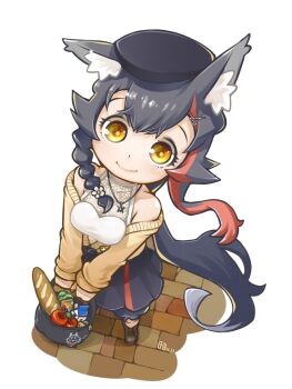 animal_ear_fluff animal_ears asymmetrical_sidelocks bag baguette bare_shoulders beret black_hair black_hat black_skirt boots braid braided_sidelock bread breasts brown_boots brown_cardigan cardigan commentary_request double-parted_bangs food foreshortening from_above grocery_bag hair_ornament hairclip halter_shirt halterneck hat highres hololive jewelry kaerun long_hair long_sidelocks low_ponytail medium_breasts miniskirt necklace off_shoulder official_alternate_costume official_alternate_hairstyle ookami_mio ookami_mio_(street) open_cardigan open_clothes ponytail red_streaks shirt shopping_bag side_braid sidelocks silver_necklace simple_background single_hair_streak skirt sleeveless sleeveless_shirt stone_floor tail tail_around_own_leg tail_wrap v_arms very_long_hair virtual_youtuber white_background white_shirt wolf_ears wolf_girl wolf_tail yellow_eyes