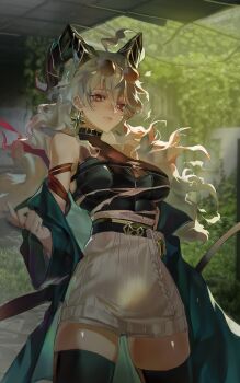 1girl absurdres ahoge bare_shoulders black_horns black_jacket black_tail breasts charismaing closed_mouth commentary cowboy_shot curled_horns dress earrings eyewear_on_head grey_dress hair_between_eyes highres horns jacket jewelry large_breasts long_hair mole mole_under_eye official_alternate_costume red_eyes solo sunglasses sweater sweater_dress tail thighs torn_clothes very_long_hair wuthering_waves zani_(downtown_repose)_(wuthering_waves) zani_(wuthering_waves)