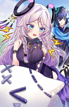 1girl 1other absurdres aqua_eyes armlet black_hoodie blue_scarf blush braid breasts citlali_(genshin_impact) citlalin_(genshin_impact) commentary_request facial_tattoo genshin_impact hair_between_eyes heterochromia highres hood hoodie jewelry long_hair looking_at_another medium_breasts open_mouth ororon_(genshin_impact) pink_hair red_eyes ring_hair_ornament scarf tattoo twin_braids yuzukiyuno_(yunmu_g)