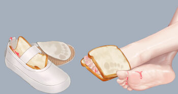 1girl barefoot bread bread_slice feet foot_focus highres jam liang_mu shoes soles toes unworn_shoes uwabaki