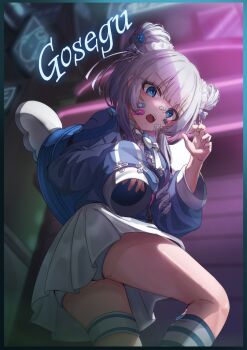 Rule 34 | 1girl, ass, backpack, bag, bandages, bandaid, bandaid on cheek, bandaid on face, bandaid on nose, blue bag, blue border, blue eyes, blue jacket, blue sweater, blunt bangs, blurry, blurry background, blush, border, bow, bowtie, braid, character name, claw pose, collared shirt, double bun, english text, fake wings, from below, gauze, gosegu, grey hair, hair bun, hair ornament, hwaryong, jacket, kneehighs, korean commentary, long hair, long sleeves, looking at viewer, looking down, miniskirt, neon lights, open mouth, panties, pantyshot, pleated skirt, ribbon, shirt, sidelocks, skirt, sleeves past wrists, socks, solo, standing, star (symbol), star sticker, sticker, sticker on face, striped clothes, striped socks, sweater, teeth, thigh strap, underwear, upper teeth only, upskirt, virtual youtuber, waktaverse, white bow, white bowtie, white hair, white panties, white shirt, white skirt, wings