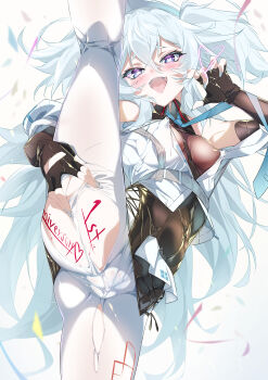 1girl :d absurdres anniversary bare_shoulders black_dress black_gloves blue_eyes blue_nails blush breasts commentary_request covered_erect_nipples covered_navel cross-laced_clothes cross-laced_dress dress elbow_gloves fingerless_gloves florence_(girls'_frontline_2) from_below girls'_frontline girls'_frontline_2:_exilium gloves half-closed_eyes hand_on_own_thigh hand_up hat heart heart-shaped_pupils highres jacket leg_up long_hair looking_at_viewer looking_down messy_hair nail_polish naughty_face niko_(tama) open_clothes open_jacket open_mouth pa-15_(girls'_frontline) pantyhose presenting skin_tight small_breasts smile solo split spread_legs standing standing_on_one_leg standing_split symbol-shaped_pupils tearing_clothes thighs torn_clothes torn_pantyhose very_long_hair white_hair white_hat white_jacket