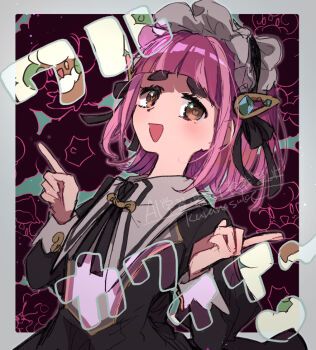 1girl :d black_dress brown_eyes dress gen_5_pokemon hair_ornament hairclip heart heart-shaped_pupils hqikurara60206 lacey_(fall_2025)_(pokemon) lacey_(pokemon) long_sleeves looking_at_viewer maid maid_headdress nintendo official_alternate_costume open_mouth pink_hair pokemon pokemon_masters_ex short_hair signature smile substitute_(pokemon) symbol-shaped_pupils upper_body whimsicott