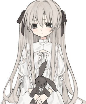 Rule 34 | 1girl, :/, absurdres, black eyes, black ribbon, blush, breasts, cleavage cutout, closed mouth, clothing cutout, collared dress, commentary request, cowboy shot, dress, grey hair, hair between eyes, hair ribbon, highres, holding, holding stuffed toy, juliet sleeves, juumou (c5buf), kasugano sora, long hair, long sleeves, looking to the side, puffy sleeves, ribbon, simple background, small breasts, solo, stuffed animal, stuffed rabbit, stuffed toy, two side up, very long hair, white background, white dress, white ribbon, yosuga no sora