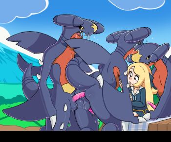 1girl aged_down anal b-intend bestiality bisexual bisexual_male blonde_hair blue_dress blue_sky collarbone cynthia_(pokemon) day dress garchomp gen_4_pokemon grey_eyes loli long_hair long_sleeves male_penetrated multiple_boys nintendo open_mouth outdoors penis pokemon pokemon_(anime) pokemon_(creature) pokemon_journeys pokephilia revision sitting sky socks teeth testicles upper_teeth_only white_socks yaoi
