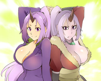 1girl arm_above_head arm_behind_head arm_up arms_behind_head arms_up black_horns breasts cleavage closed_mouth collarbone colored_skin dual_persona fang female_focus formal_clothes holding_hands horn horns jacket jewelry large_breasts long_hair looking_at_viewer necklace ogre oni oni_girl oni_horn oni_horns pointy_ears ponytail purple_eyes purple_hair purple_jacket purple_skin purple_suit shiny_skin shion_(tensura) short_eyebrows single_horn slit_pupils smile suit tensei_shitara_slime_datta_ken ueyama_michirou upper_body yellow_background