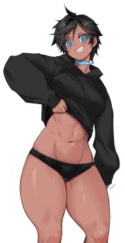 1girl abs absurdres blue_fire clothes_lift commentary dani_(kivo) dark-skinned_female dark_skin dullahan english_commentary fire highres kivo lifting_own_clothes looking_at_viewer muscular muscular_female navel open_mouth original shirt_lift simple_background smile solo tagme thick_thighs thighs white_background