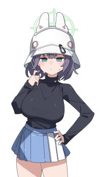 1girl animal_ears black_sweater blue_archive blue_eyes blue_skirt blush breasts bucket_hat carabiner combat_helmet fake_animal_ears green_halo halo hat helmet highres large_breasts long_sleeves looking_at_viewer mikokomiyazawa miniskirt pleated_skirt purple_hair saki_(blue_archive) short_hair simple_background skirt solo stahlhelm sweater turtleneck turtleneck_sweater two-tone_skirt white_background white_helmet white_skirt